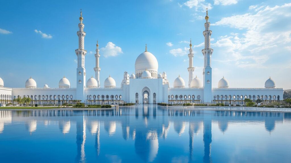 Die beeindruckende Mosquee Abu Dhabi – Sozialer Treffpunkt im goldenen Sonnenuntergang